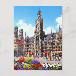 Cartão Postal Munique Marienplatz Alemanha Flores