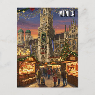 Cartão Postal Munique Marienplatz Alemanha Mercado de Natal
