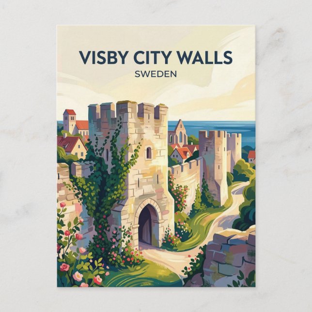 Cartão Postal Muralhas da Cidade de Visby Suécia (Frente)