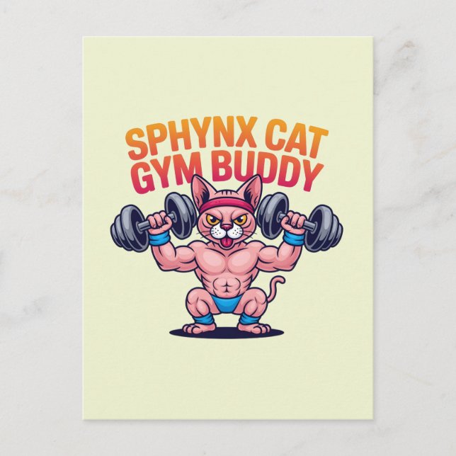 Cartão Postal Muscular Sphynx Cat Gym Buddy Cartoon (Frente)