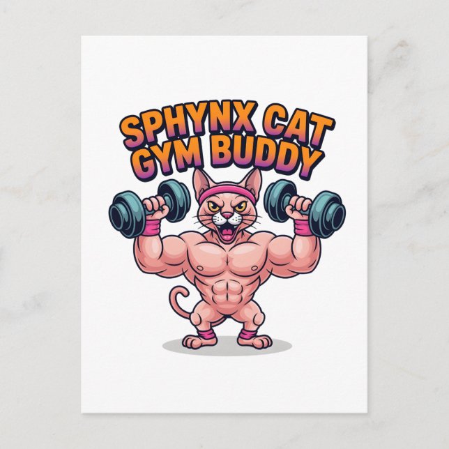 Cartão Postal Muscular Sphynx Cat Gym Buddy Cartoon (Frente)