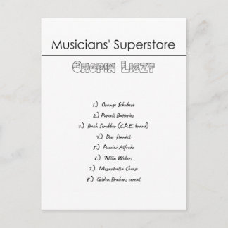 Cartão Postal Musicians' Superstore Shopping List