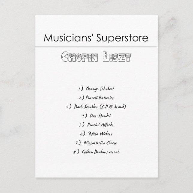 Cartão Postal Musicians' Superstore Shopping List (Frente)