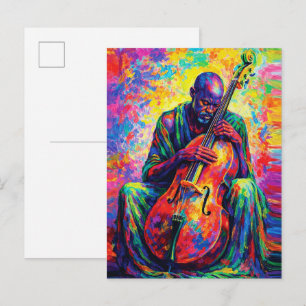 Cartão Postal Músico Violoncelista Abstrato Vibrante Cores Arco-