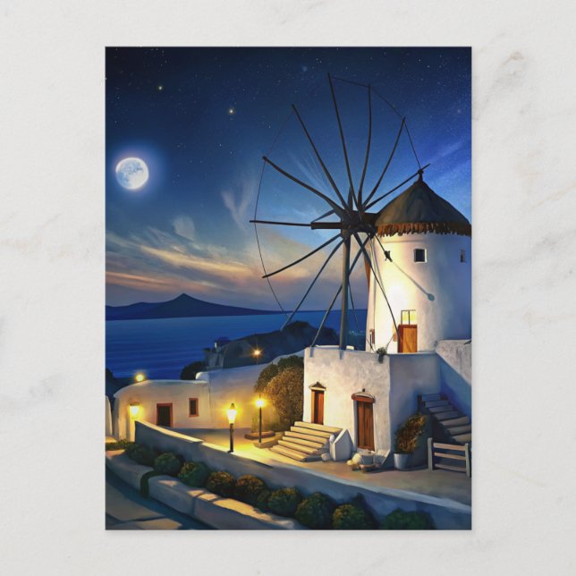Cartão Postal Mykonos, Grécia Windmill Night (Frente)