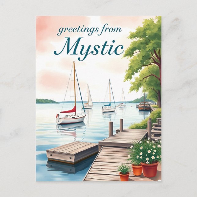 Cartão Postal Mystic, Connecticut – Waterfront & Sailboats (Frente)