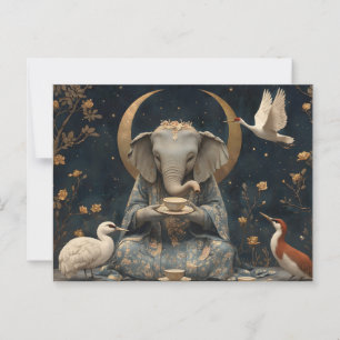 Cartão Postal Mystical Elephant Tea Party Sob Lua Crescente