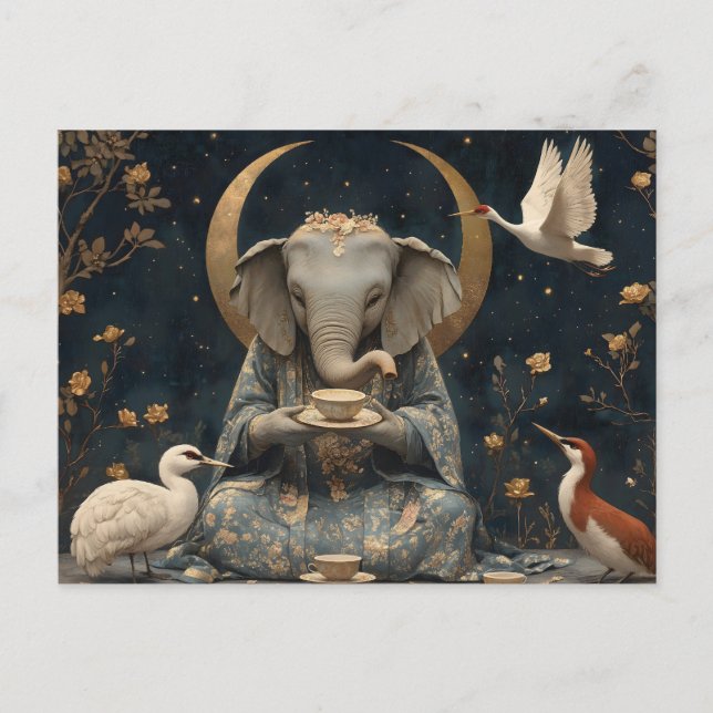 Cartão Postal Mystical Elephant Tea Party Sob Lua Crescente (Frente)