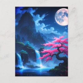Cartão Postal Mystical Moonlit Waterfall with Cherry -nature