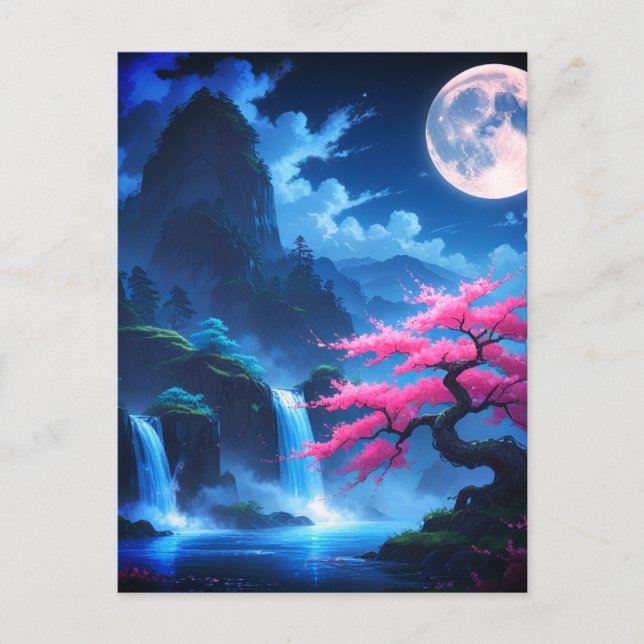 Cartão Postal Mystical Moonlit Waterfall with Cherry -nature (Frente)