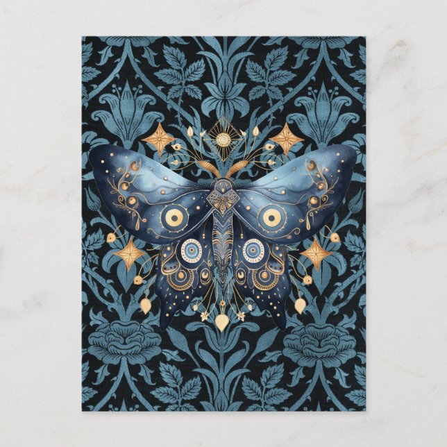 Cartão Postal Mystical Watercolor Blue e Dourada Night Moth (Frente)