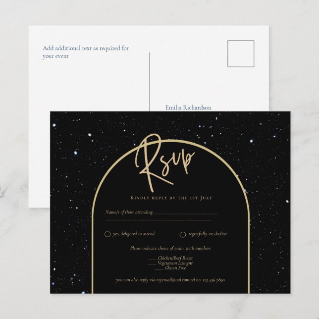 Cartão Postal Mystique BLACK DOURADO Starry Night Weding RSVP (Frente/Verso)
