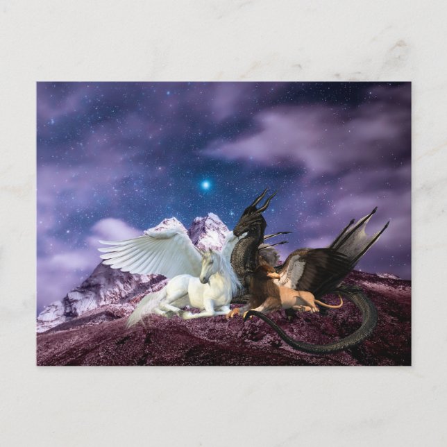 Cartão Postal Mythology Dragon Griffin Unicorn Pegasus (Frente)