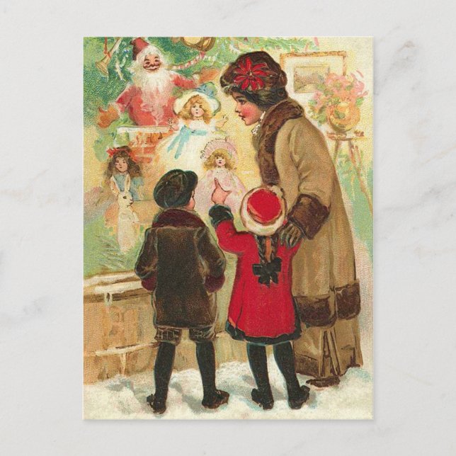 Cartão Postal Na janela da loja de brinquedos de Natal (Frente)