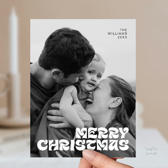 Cartão Postal Na moda Elegante, Feliz Natal Família Fotografia C (Stylish Elegant, Merry Christmas Family Photo Chic Postcard in Romantic Black White Grey)