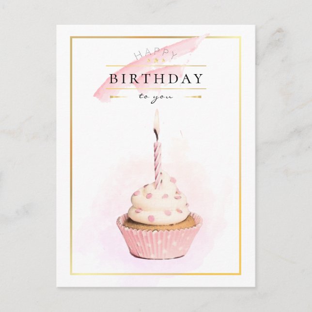 Cartão Postal Na moda Pencil Art Pink Birthday Cupcake (Frente)