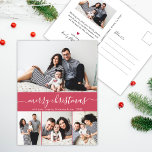 Cartão Postal Na moda Script Collage Family Photo Red Christmas<br><div class="desc">Colagem de Fotos Mínima, Na moda Elegante, Vermelha e Branca 4 "Feliz Natal" Manuscrito PostCards de Natal de Férias de Natal. Este modelo de cartão festivo e simples de quatro (4) fotos apresenta uma bonito colagem fotográfica e diz "Feliz Natal"! O texto de saudação de "Feliz Natal" é escrito em...</div>