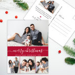 Cartão Postal Na moda Script Family Photo Collage Red Christmas<br><div class="desc">Na moda Minimalista Elegante Calliografia Vermelha e Branca 4 Colagem de Fotos "Feliz Natal" Script Feriado Cartões de Foto de Natal Feriados. Este modelo de cartão de fotos, simples e festivo, apresenta uma bela colagem fotográfica e diz "Feliz Natal"! O texto de saudação de "Feliz Natal" é escrito em um...</div>