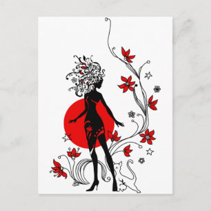 Cartão Postal Na moda silhueta de mulher elegante com gato doce