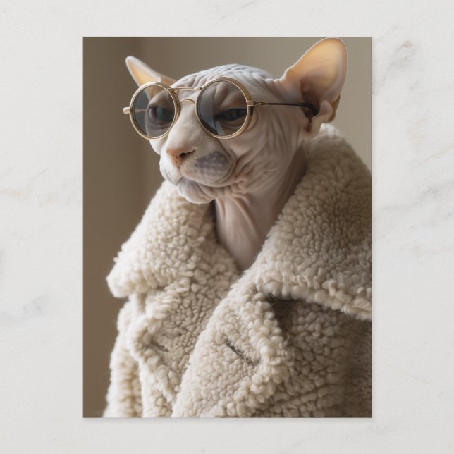 Cartão Postal Na moda Sphynx Cat nos óculos escuros e Sherpa Cas (Frente)