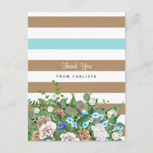 Cartão Postal Na moda Tan e Aqua Floral e Stripes Obrigado