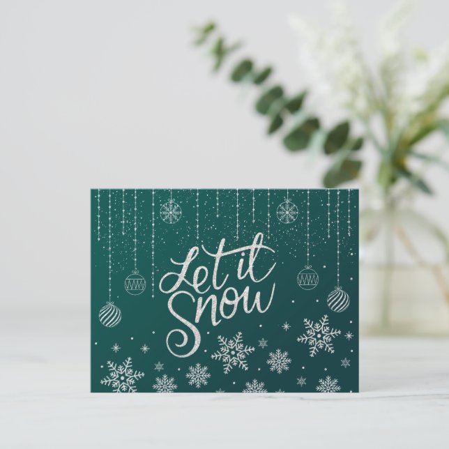 Cartão Postal Na moda Verde, Prata, neve, Natal (Em pé/Frente)