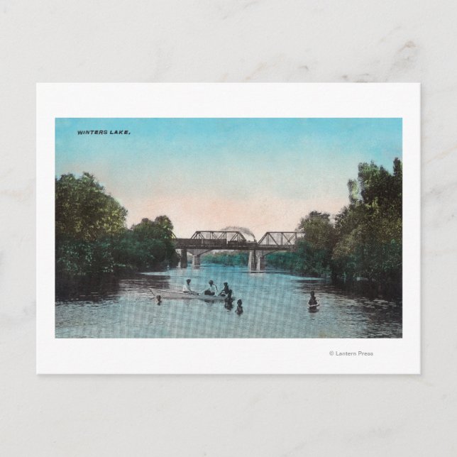 Cartão Postal Nadação e Barco no lago de Winters (Frente)