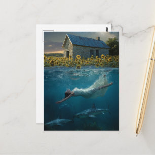 Cartão Postal Nadando Com Tubarões na Arte Surrealista da Pradar