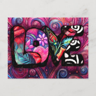 Cartão Postal Namorados abstrato Love Word Grafite Floral Cor-de