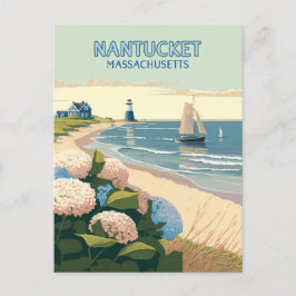 Cartão Postal Nantucket Beach Hydrangeas Boat Retro