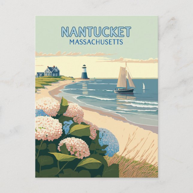 Cartão Postal Nantucket Beach Hydrangeas Boat Retro (Frente)