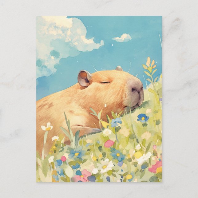 Cartão Postal Napping Capybara in Colorful Wildflower Meadow (Frente)