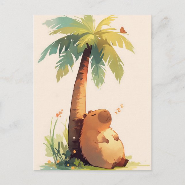 Cartão Postal Napping Capybara Under Tropical Palm Tree (Frente)
