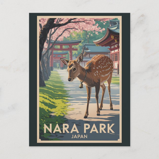 Cartão Postal Nara Park Japan Deer Illustration Travel Art Retro (Frente)