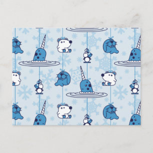 Cartão Postal Narwhal Blue Snowflake Pattern