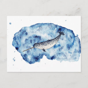 Cartão Postal Narwhal em um respingo do watercolour