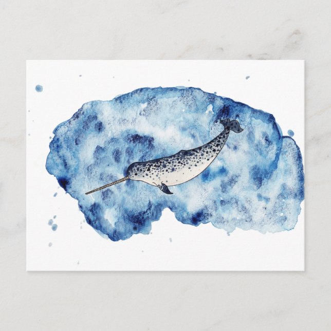 Cartão Postal Narwhal em um respingo do watercolour (Frente)