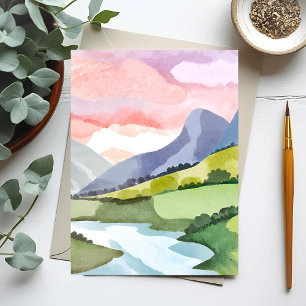 Cartão Postal Nascente na encosta da montanha verde Aquarela