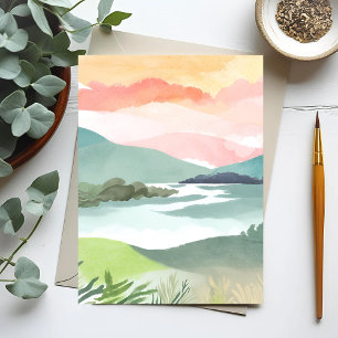 Cartão Postal Nascer do Sol na Manhã do Lago   Aquarela da Natur