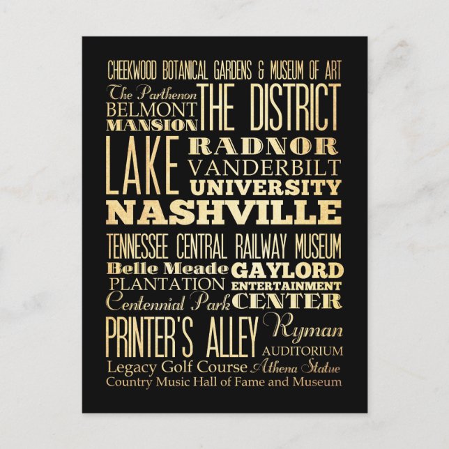 Cartão Postal Nashville City of Tennessee State Typography Art (Frente)