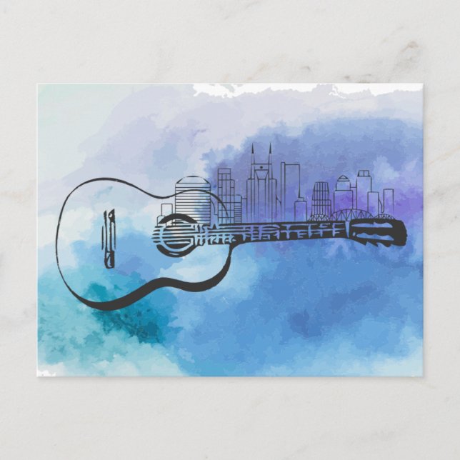 Cartão Postal Nashville Skyline Guitar Watercolor Design (Frente)