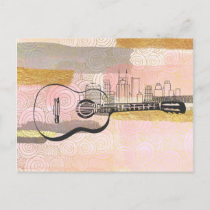 Cartão Postal Nashville Skyline Guitar Watercolor Design