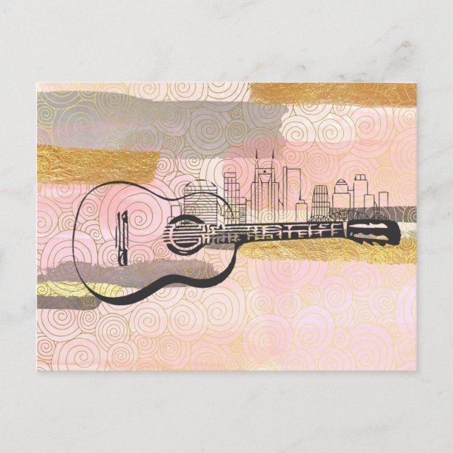 Cartão Postal Nashville Skyline Guitar Watercolor Design (Frente)