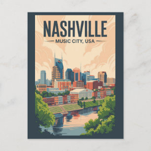 Cartão Postal Nashville Tennessee Skyline Viagem Art Vintage