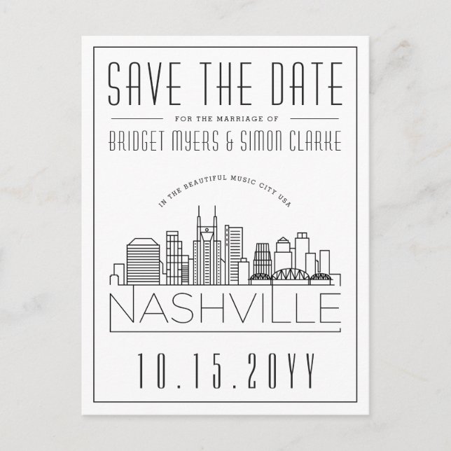 Cartão Postal Nashville Wedding | Skyline Estilizado Salvar a Da (Frente)