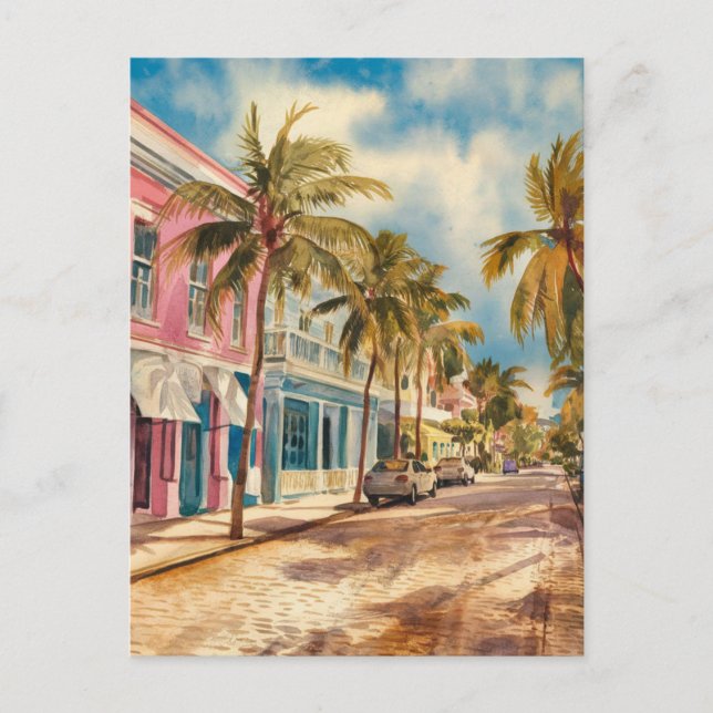 Cartão Postal Nassau Bahamas Rua Viagem Art Watercolor (Frente)
