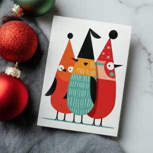 Cartão Postal Natais Pássaros Engraçados Fofo Retro Minimalista