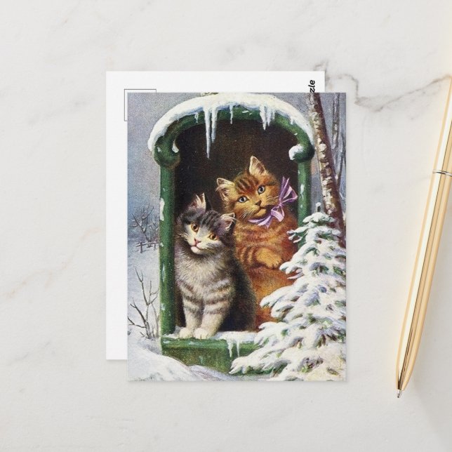Cartão Postal natais vintages festivos gatos Feriado (Frente/Verso In Situ)