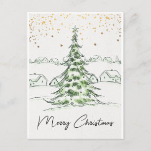 Cartão Postal Natal Alegre Branco e Verde Desenhado à Mão