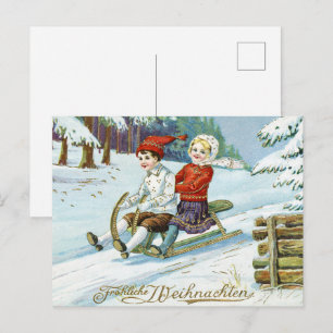 Cartão Postal Natal alemão vintage crianças trenó inverno